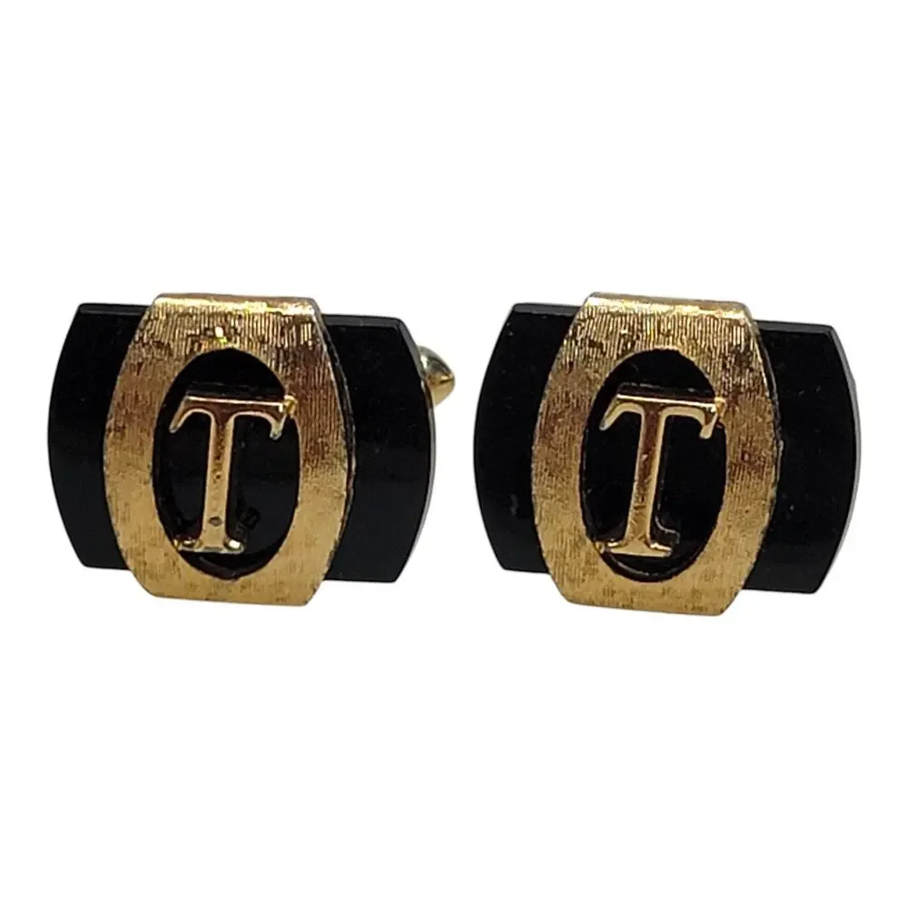 Vintage Swank Initial T Cufflinks Gold Tone Black Monogram Mid Century Mens